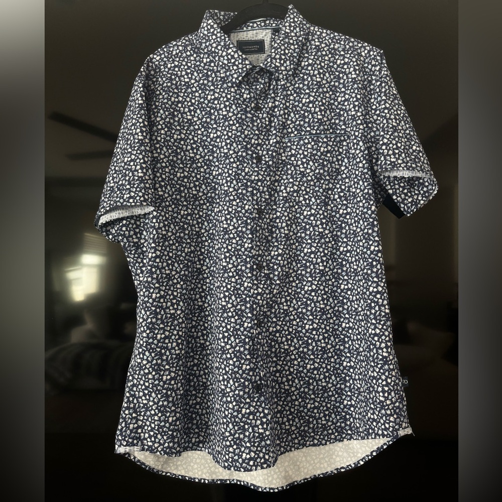 7Diamonds Abstract Navy 4-Way Stretch Performance Short Sleeve Button-Up Shirt